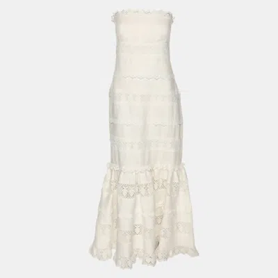 Pre-owned Zimmermann White Linen Lace Panel Tube Midi Dress S