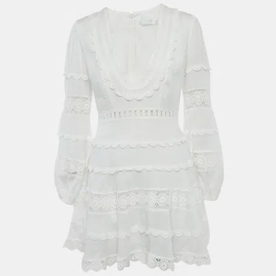 Pre-owned Zimmermann White Linen Lace Trimmed Castile Plunge Neck Mini Dress M