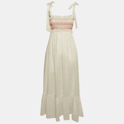 Pre-owned Zimmermann White Linen Shirring Detail Midi Dress S