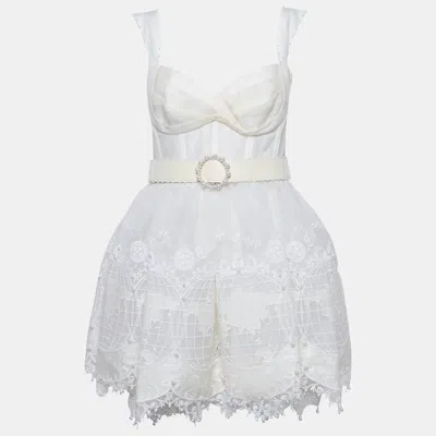Pre-owned Zimmermann White Map Embroidered Tulle And Linen High-tide Mini Dress M