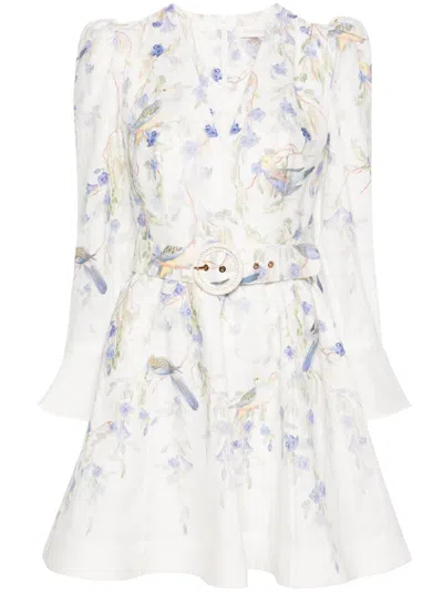 Zimmermann White Natural Linen Mini Dress In Blue