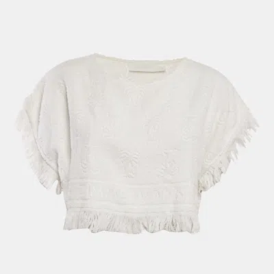 Zimmermann White Palm Tree Terry Cotton Fringed Crop Top In Animal Print