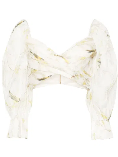 Zimmermann Acacia Birds-print Cropped Blouse In Neutrals