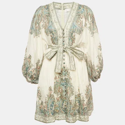 Pre-owned Zimmermann White Printed Linen Belted Mini Dress M