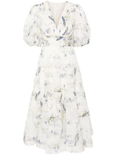 Zimmermann White Printed Pleated Midi Dress In Neutrals
