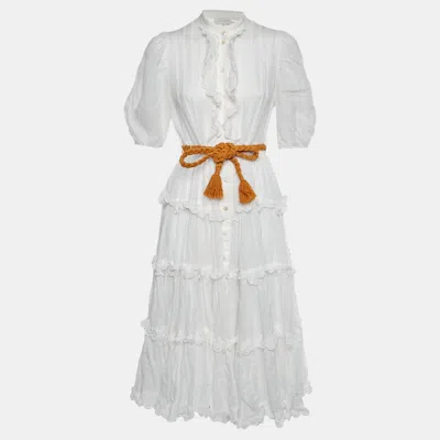 Pre-owned Zimmermann White Ramie Frill Amelie Dress M