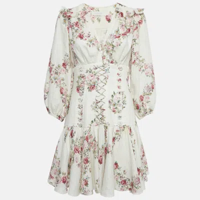 Pre-owned Zimmermann White Rose Print Linen Lace-up Mini Dress M