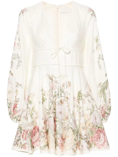 Zimmermann White Waverly Linen Mini Dress In Cream Floral