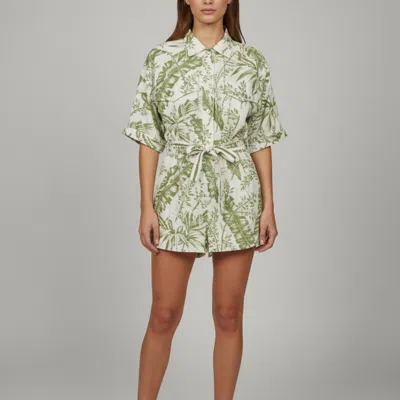Pre-owned Zimmermann White/green Leaf Print Linen Empire Utility Playsuit M