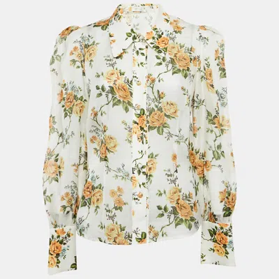 Pre-owned Zimmermann White/multicolor Floral Print Linen And Silk Button Front Blouse L