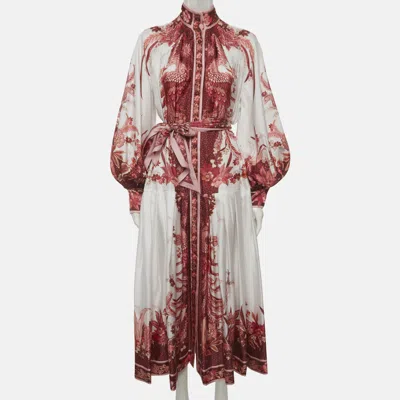 Pre-owned Zimmermann White/pink Floral Bird Print Silk Twill Midi Dress L
