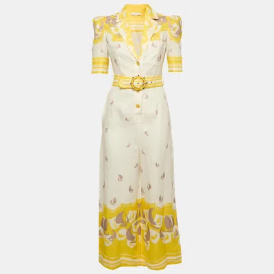 Pre-owned Zimmermann White/yellow High Tide Linen Belted Jumpsuit S