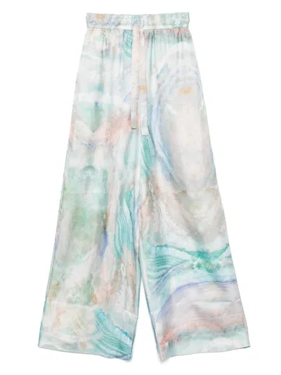 Zimmermann Wide Leg Silk Trousers With Drawstring Waist - Size 0 In Blue