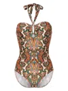 Zimmermann Ottie Paisley Print Halterneck One-piece Swimsuit In Marrone