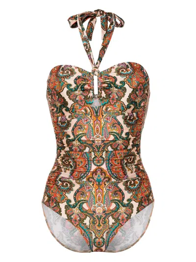Zimmermann Ottie Paisley Print Halterneck One-piece Swimsuit In Multicolour