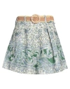 Zimmermann Ottie Belted Pleated Printed Linen Shorts In Green