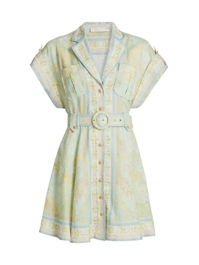 Zimmermann Women's Acacia Linen Mini Shirtdress In Mint Multi