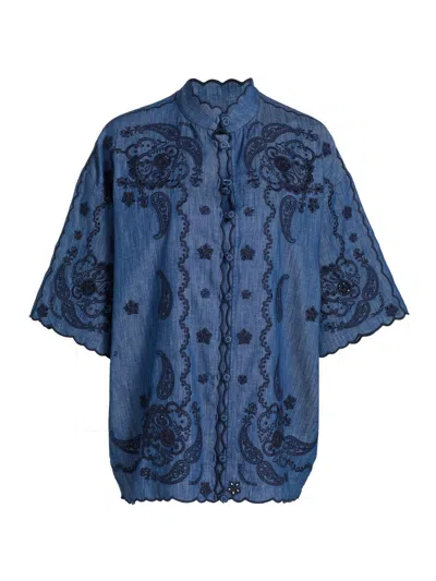 Zimmermann Aster Denim Shirt With All-over Contrasting Embroidery In Blue
