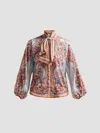 Zimmermann Paisley Floral Pure Silk Blouse With Self-tie Neck Detail In Blue Paisley Floral
