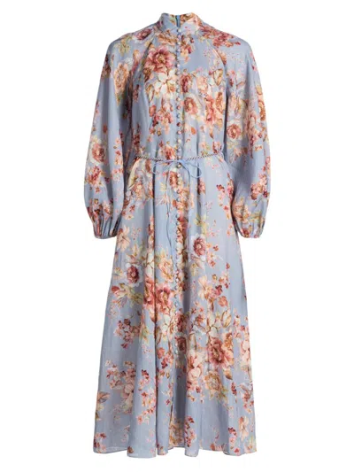 Zimmermann Womens Chambray Floral Billow Long-sleeve Linen Maxi Dress Xxs In Blue