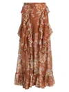 Zimmermann Awaken Belted Ruffled Floral-print Cotton And Silk-blend Crepe De Chine Maxi Skirt In Brown