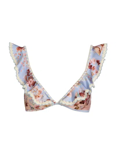 Zimmermann Women's Awaken Floral Crochet-trim Bikini Top In Blue
