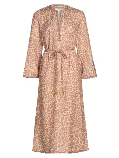 Zimmermann Women's Awaken Leopard-print Linen Midi-dress In Brown