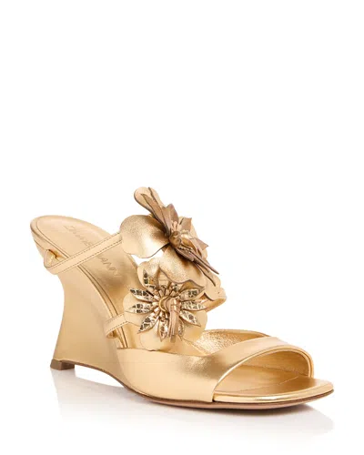 Zimmermann Belara 85mm Floral Leather Wedge Sandals In Gold