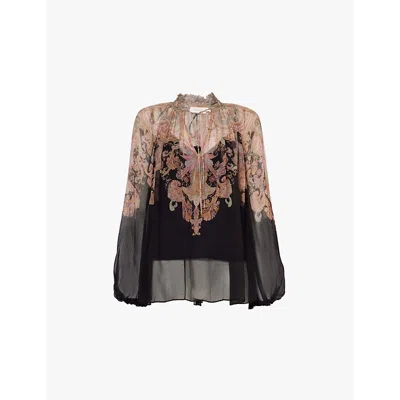 Zimmermann Flowy Paisley Print Chiffon Blouse In Black Paisley