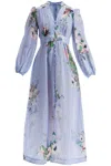 Zimmermann Light Blue Watercolor Floral Midi Dress With Deep V Neckline In Blue
