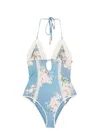 Zimmermann Cascadian Keyhole Crochet One Piece Tea Blue Botanical Floral