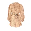 Zimmermann Cascadian Beige Tunic Dress With Stand-up Collar And All-over Leopard Print In Linen Woman