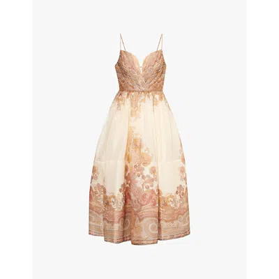 Zimmermann Illustration Pleated Printed Linen And Silk-blend Organza Midi Dress In Multi