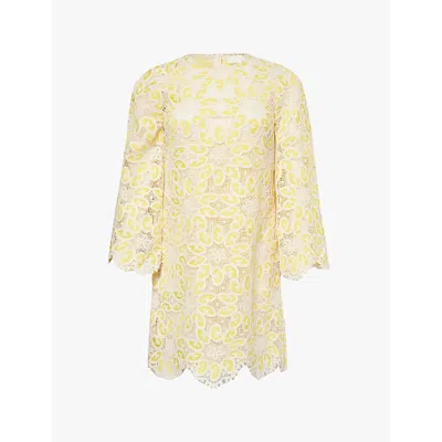 Zimmermann Womens Floral-pattern Long-sleeved Cotton-blend Mini Dress Cream Yellow In Beige