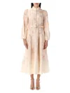 Zimmermann Red Floral Linen Midi Dress With Ruffled Sleeves In Light Flower