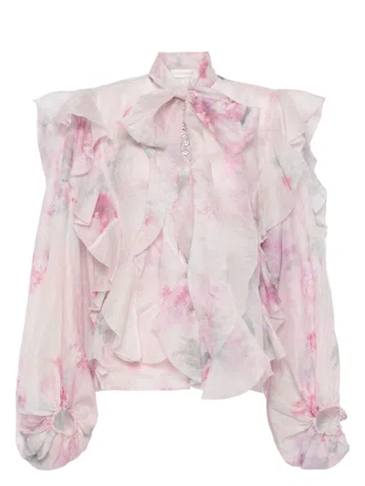 Zimmermann Women's Crush Est Roses Curly Neck Blouse Shirt In Pinkfloral