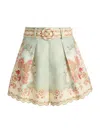 Zimmermann Daylight Multicolor Shorts With Belt On The Front And All-over Floral Motif In Linen Woman In Green