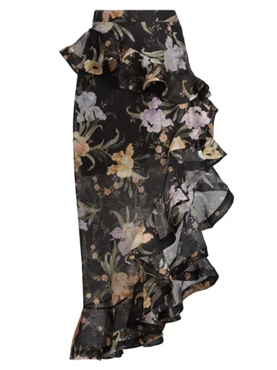 Zimmermann Women's Eden Floral Linen & Silk Asymmetric Skirt In Black
