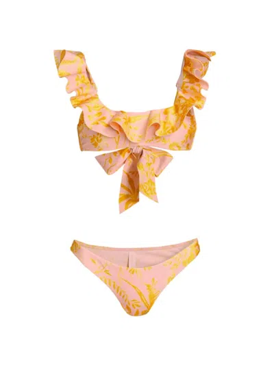 Zimmermann Women's Floral Frill Bikini Set In Pink Gold Floral