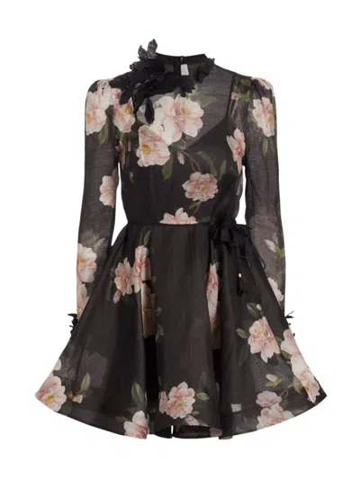 Zimmermann Women's Floral Linen-silk Fit & Flare Minidress In Black Camellia