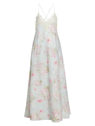 Zimmermann Halliday A-line Maxi Dress Blue Watercolor Floral In Blue Watercolour Floral