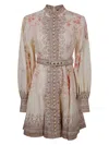 Zimmermann Illuminate Beige Mini Dress With Belted Waist And All-over Floral Print In Linen Woman
