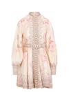 Zimmermann Illuminate Beige Mini Dress With Belted Waist And All-over Floral Print In Linen Woman