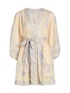 Zimmermann Womens Indra Plunge Linen Mini Dress Cream Lilac Floral In Yellow