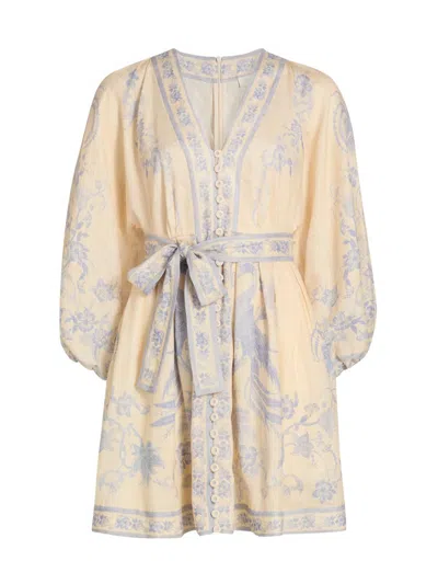 ZIMMERMANN WOMEN'S INDRA FLORAL PLUNGE LINEN MINIDRESS