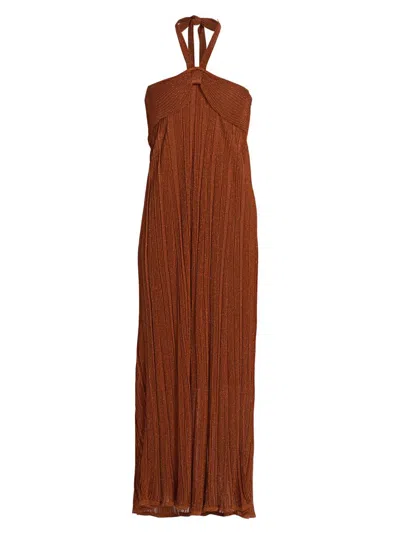 Zimmermann Womens Metallic Tan Indra Halterneck Metallic-knit Maxi Dress Xs In Red