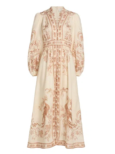 Zimmermann Women's Indra Plunge Linen Midi-dress In Multi