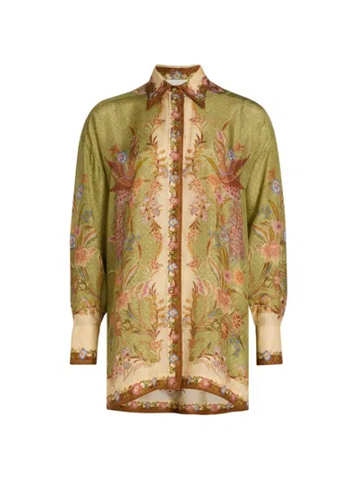 Zimmermann Indra Relaxed Shirt Khaki Scarf Floral In Green