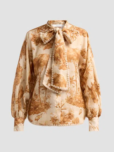 Zimmermann Women's Indra Printed Tieneck Blouse In Brown