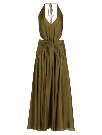 Zimmermann Indra Plunge Halter Maxi Dress In Olive In Green